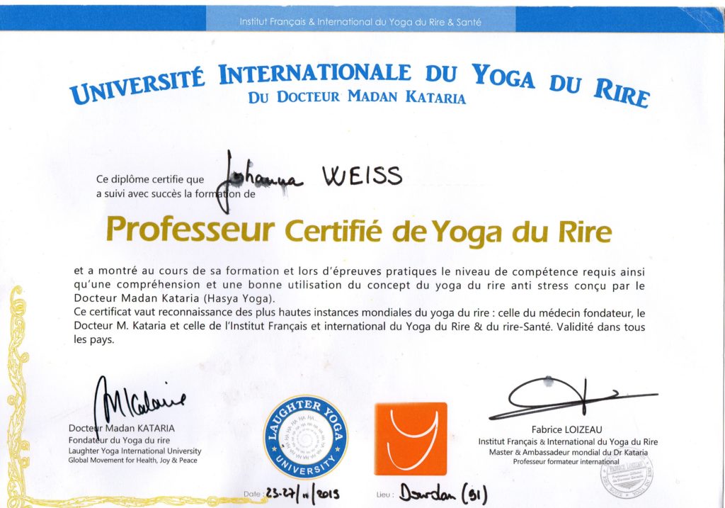 Diplome Professeur certifié Yoga du rire jeunesse Johanna Weiss